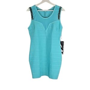 WOW Couture Turquoise Blue  Beaded-Shoulders Bodycon Dress